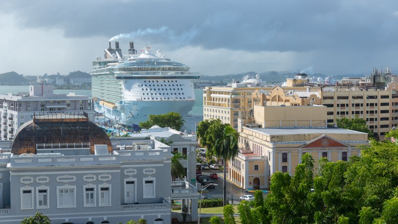 Cruise ship moored in a Caribbean harbor